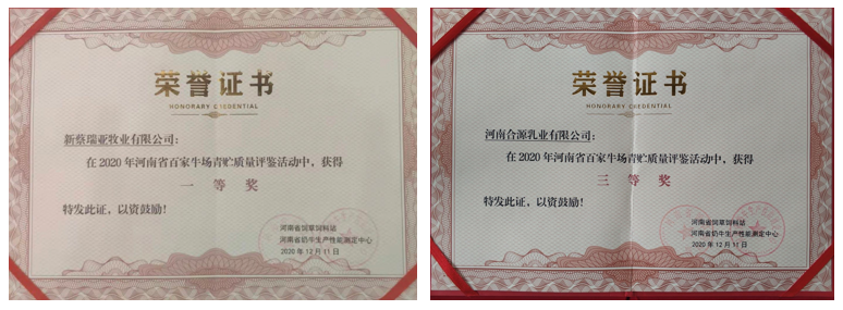 荣誉 | “百家牛场青贮质量评鉴活动”B体育在线平台（中国）官网新蔡瑞亚牧业、河南合源乳业分别荣获一、三等奖